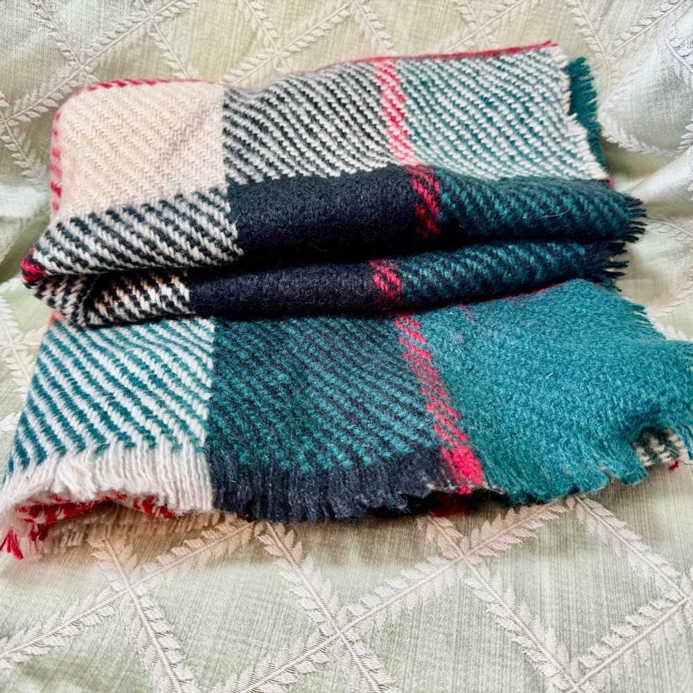 Red, Navy, Green, Cream Plaid Long Oblong Blanket Scarf